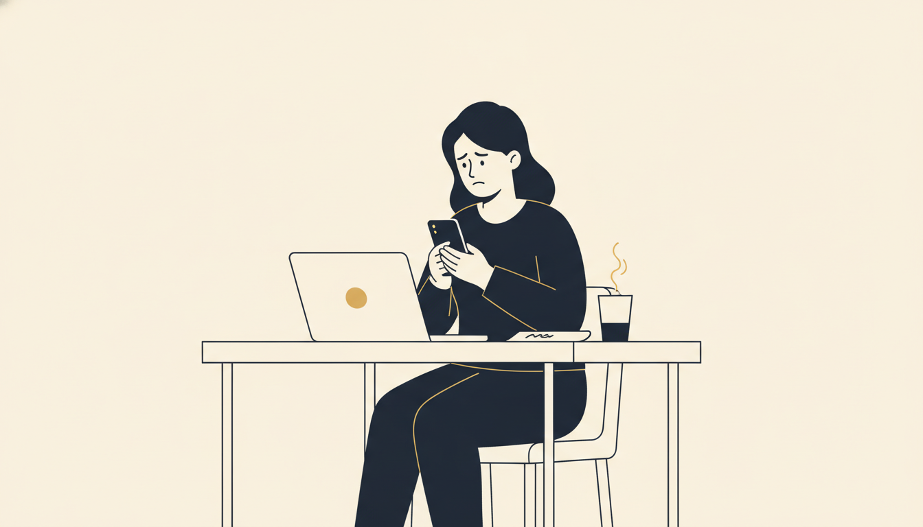 A woman sitting at a home office desk holds her phone and looks at it with a troubled expression, surrounded by an open laptop, a notepad and an untouched cup of tea.
