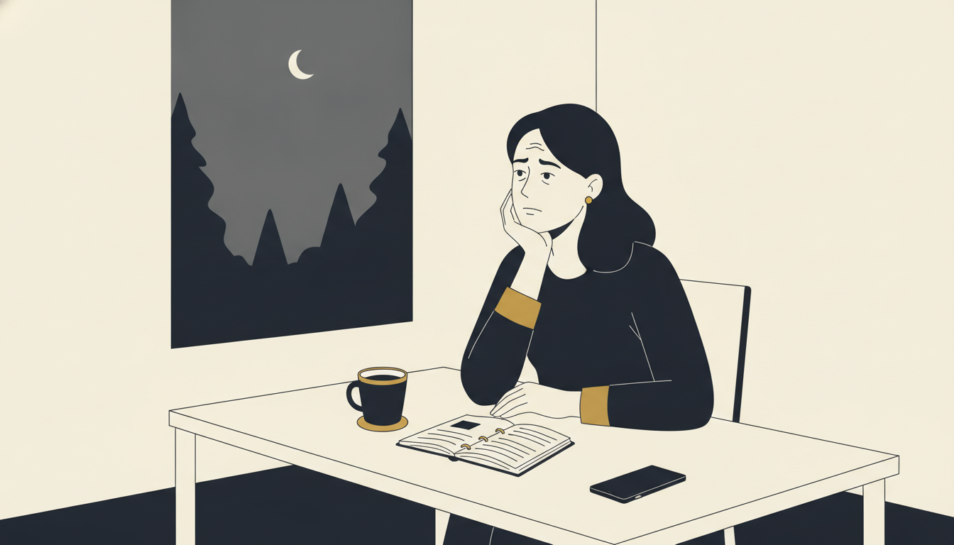 A woman sits alone at a kitchen table in the early evening, resting her chin on one hand and staring toward a window. A planner, a cup of tea and a face-down phone sit on the table in front of her. She looks calm but quietly unsettled.