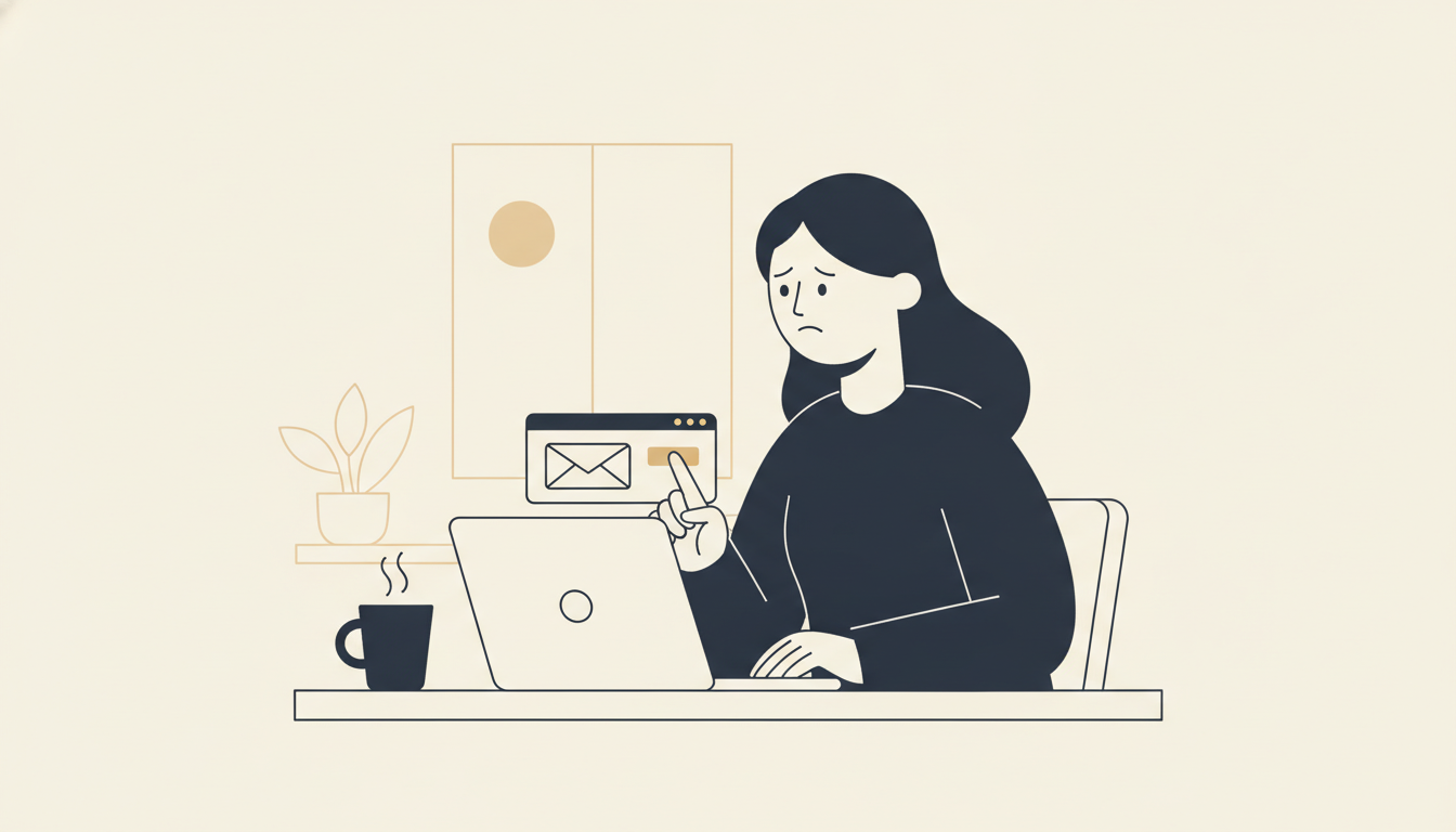 A woman sits alone at a kitchen table with a laptop open in front of her, her finger resting near the keyboard as she stares into the distance with a look of uncertainty. A cold cup of coffee sits beside the laptop.