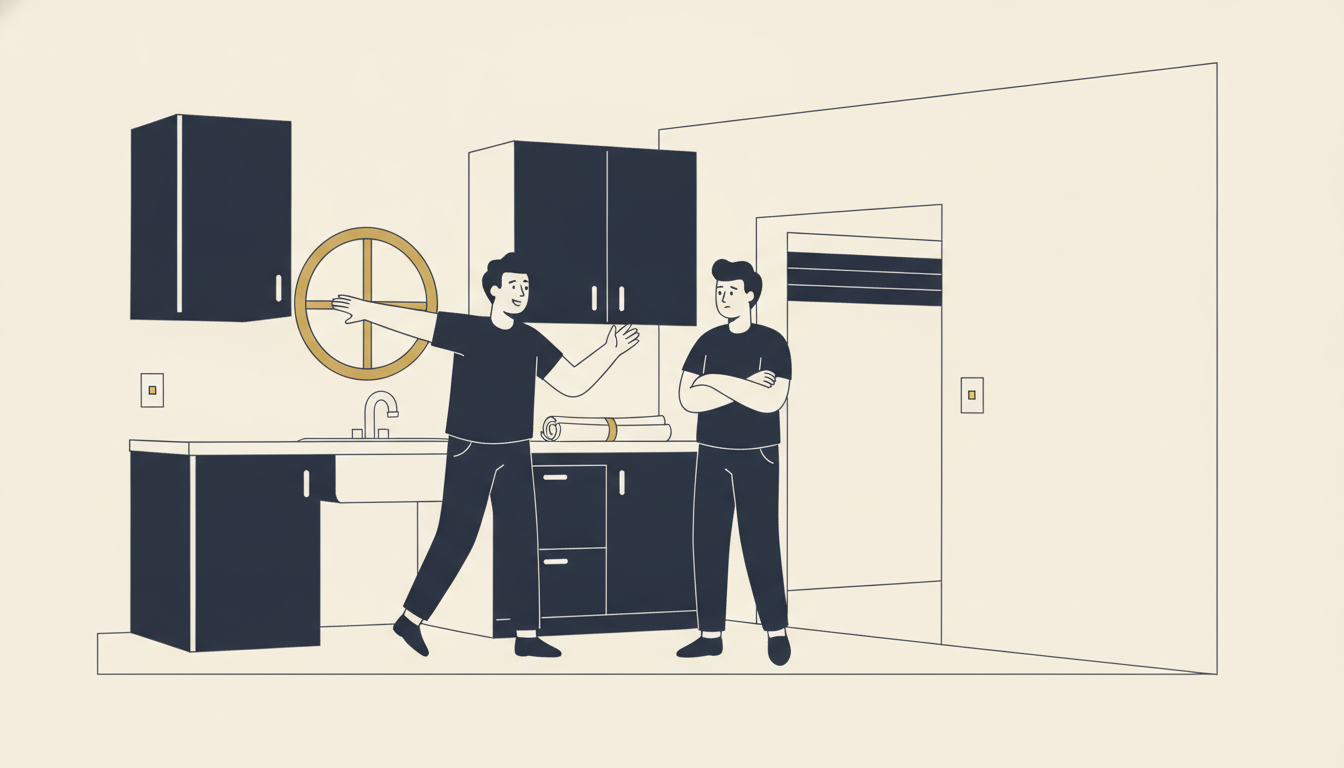 A couple in a small kitchen looks at a wall separating the room from a garage. One person points toward the wall eagerly while the other holds back, looking uncertain. Rolled-up plans sit on the counter between them.