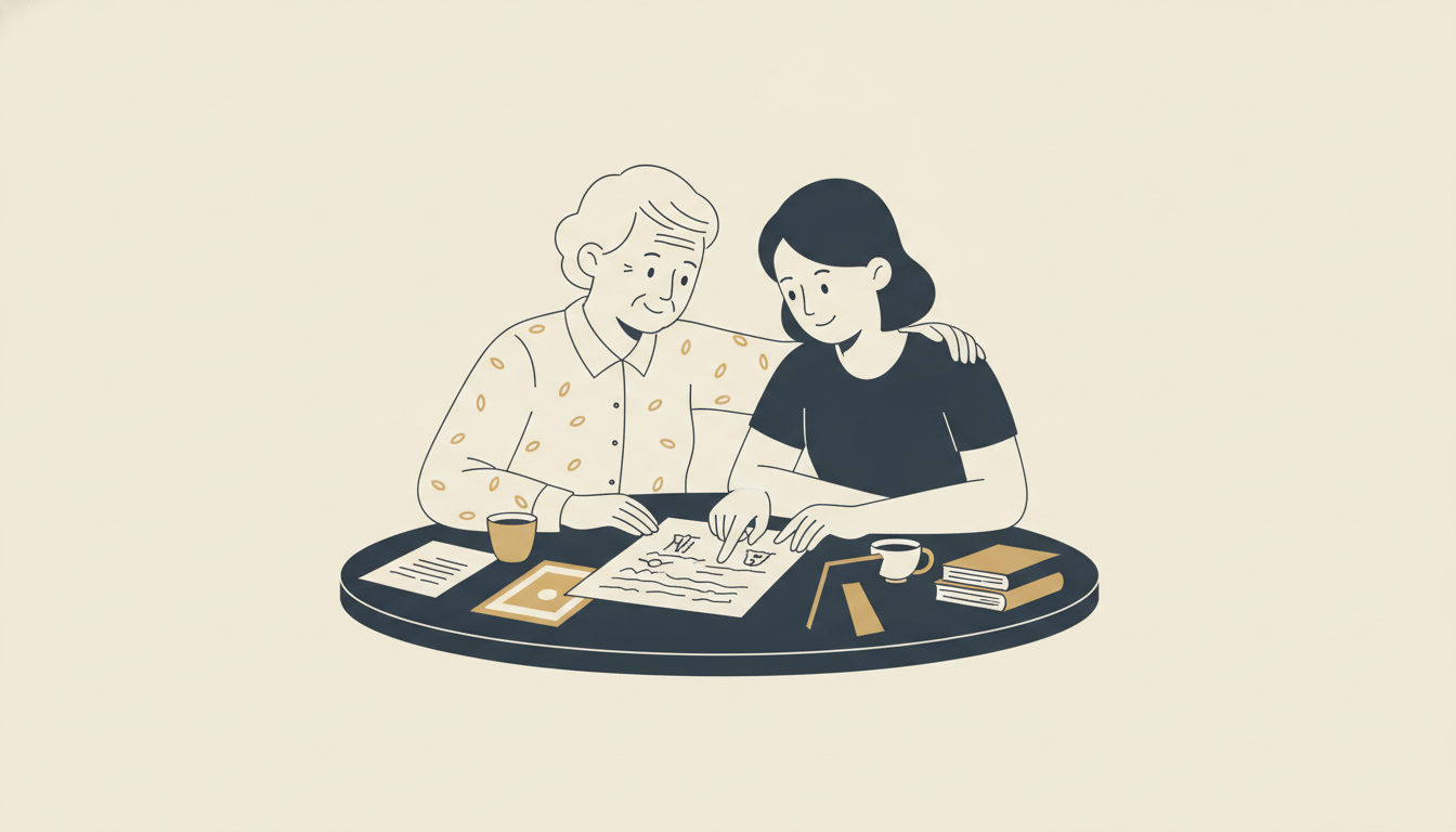 An elderly person and a younger adult sit together at a table, looking closely at an old handwritten document. The older person has a hand on the younger one's shoulder as the younger points to something on the page. Papers and a small photograph are scattered nearby.