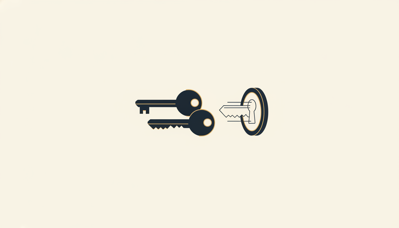Two door keys placed side by side pointing toward a single keyhole. The first key fits the lock precisely. The second key has a different tooth pattern and sits slightly misaligned with the keyhole opening.