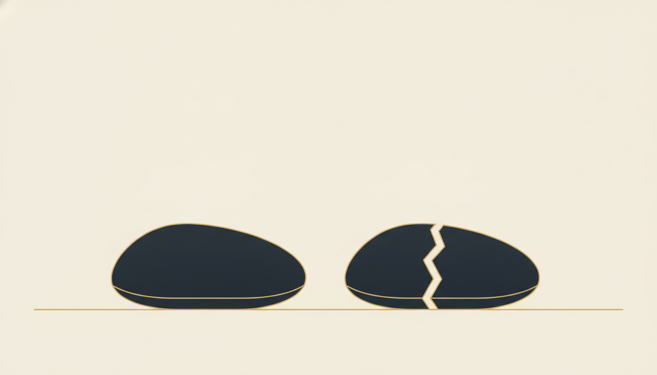 Two matching stones side by side. The left stone is intact and smooth. The right stone is split down the middle into two separate pieces that rest against each other but are no longer joined.
